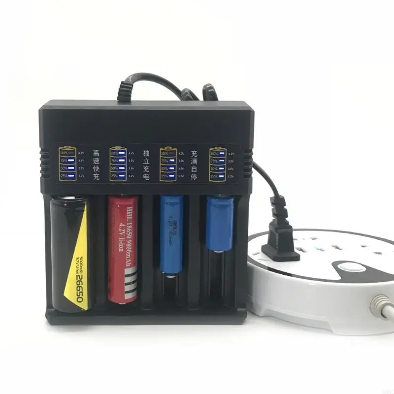 4-Slot Battery Charging Dock Adapter AC100-240V Input with LED Inidication Light For 4.2V 18650/26650/21700/14500/16340