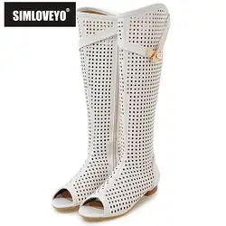 SIMLOVEYO Summer Boots Knee High Women Flats Shoes Open Toe Decoration Big Size 34-47 White S3965