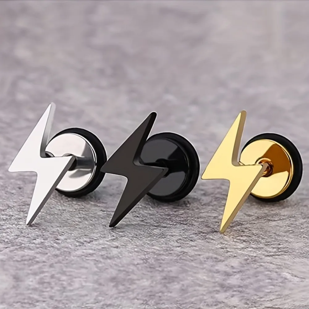 1 Pair Black/Silvery/Golden Punk Style Stainless Steel For Men Lightning Design Earrings Unisex Adorn Ear Piercing Jewelry