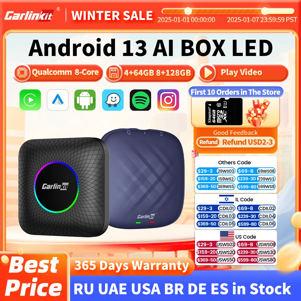 2024 CarlinKit CarPlay AI Box Android 13 SM6225 QCM6125 8 cœurs Android Auto Adaptateur CarPlay sans fil WiFi 4GLTE Connect GPS 64G 128G FOTA Mise à