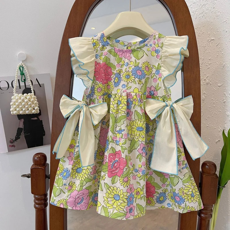 2024Summer New Girls' Floral Bow Princess Dress Printed Flounced Sleeve Dress Children's Vest Dress