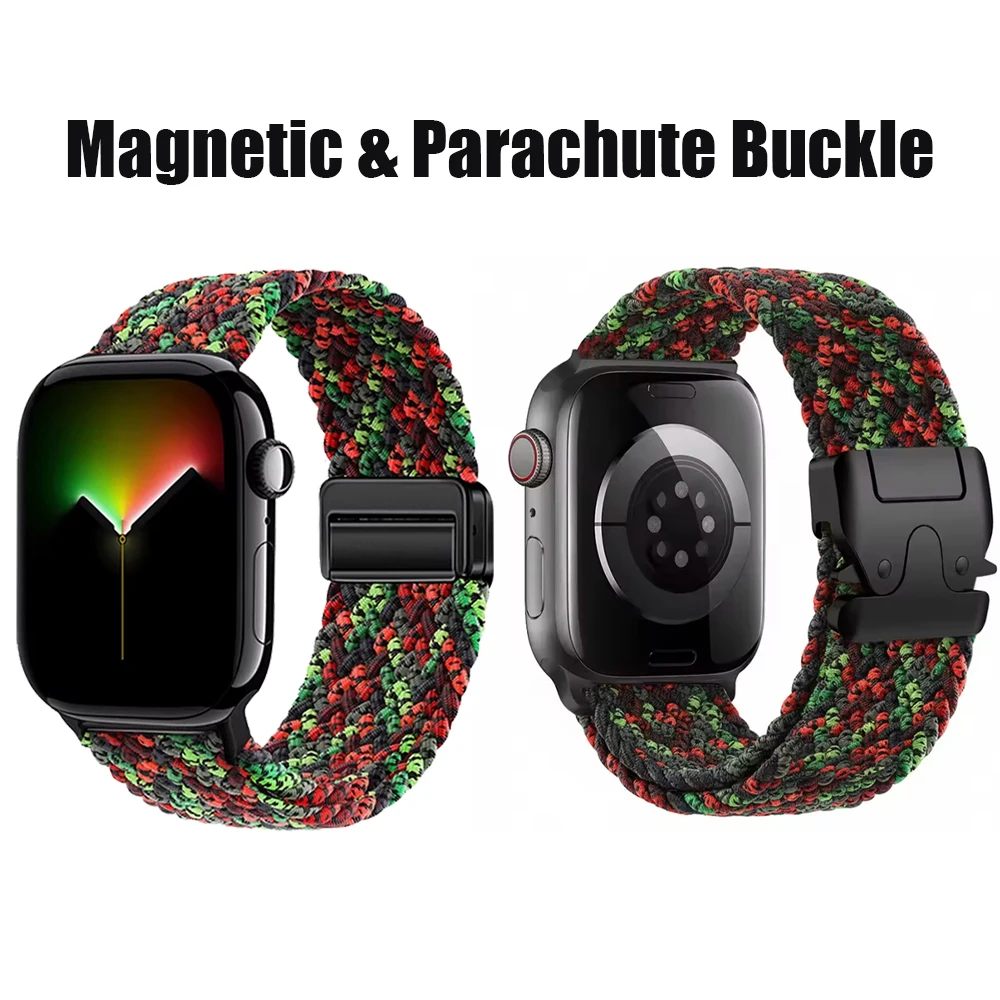 Bracelet pour Apple Watch, 49mm, 46mm, 45mm, 44mm, noir, tressé, magnétique, en parachute, série Ultra/11/10/9/8/SE