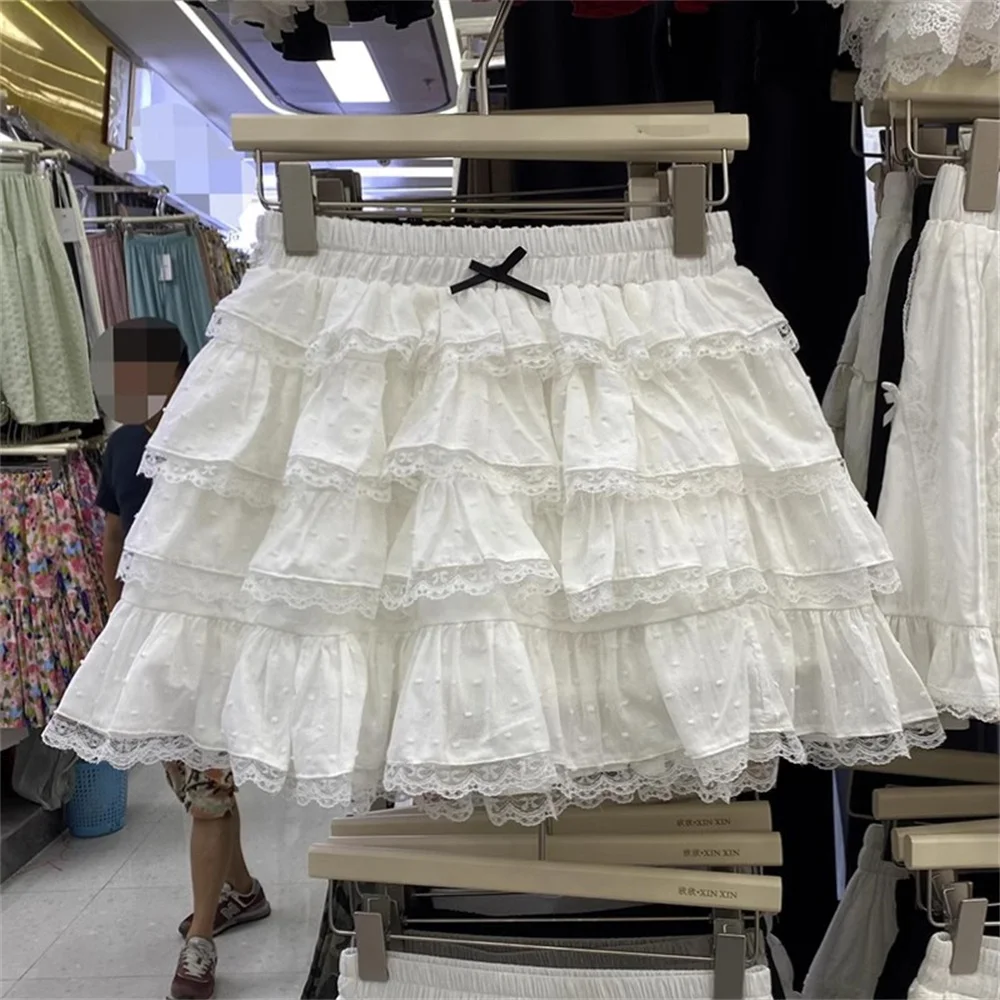 

Korean Fashion Clothing Sweet White French Lace Bow Cake Skirt Women Summer New Retro Casual Loose High Waist Slim Short Skirt