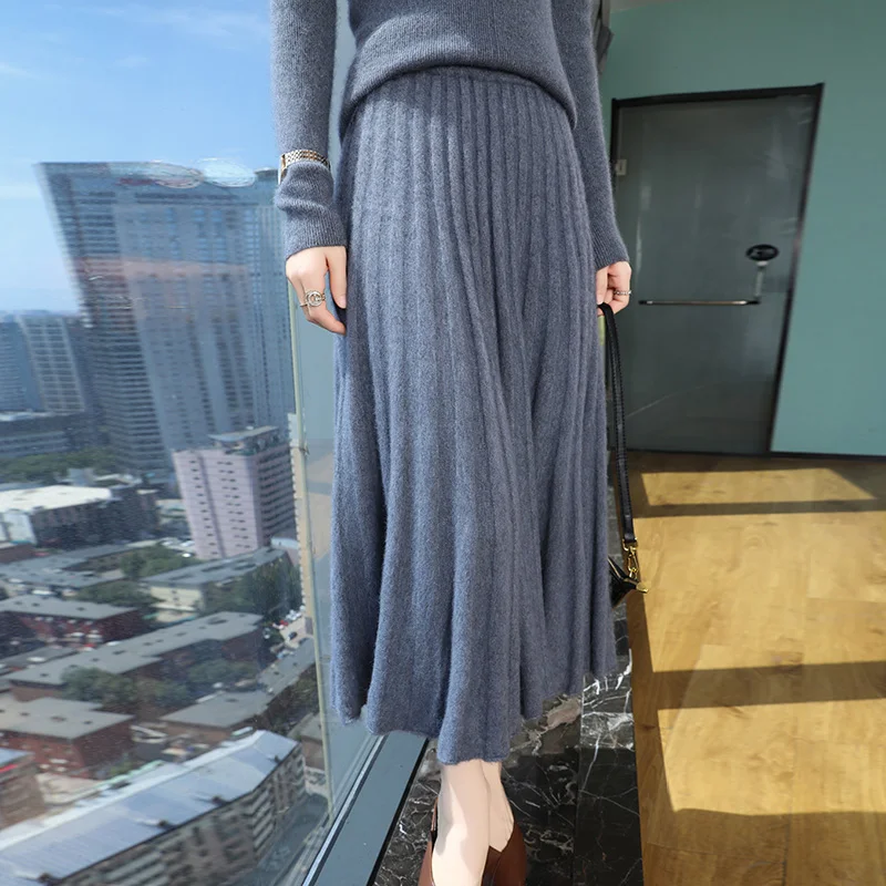 Autumn And Winter Fashion Mink Cashmere Long Waist Slim Skirt Female A-Knit Umbrella Skirt Fashion Pleated Skirt