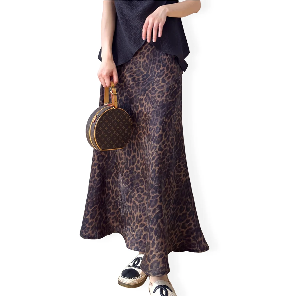 Women's Clothing Large Swing Oblique Cut 100% Natural Mulberry Silk Fragrant Cloud Yarn Leopard Print Slim Fit Fishtail Skirt