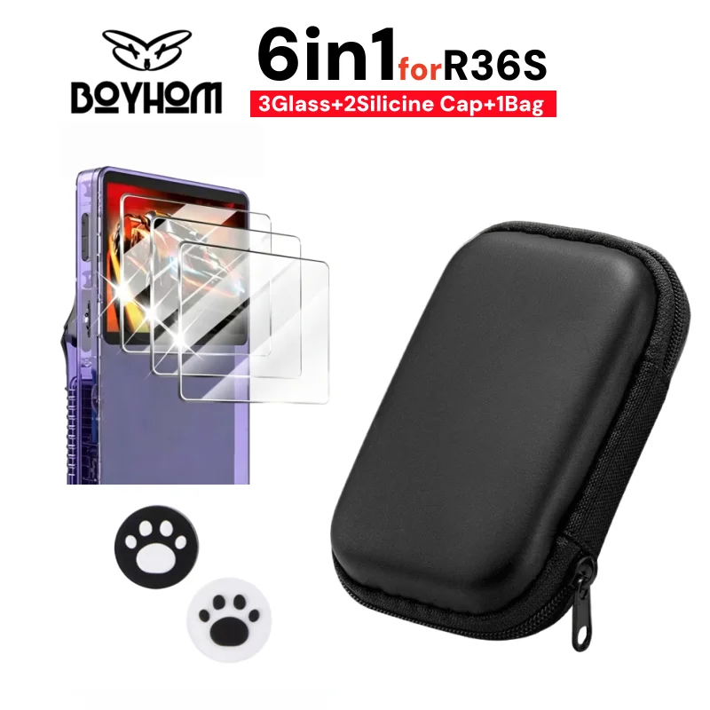 6-in-1 Glas+Tasche für R36S Spielkonsole Aufbewahrungstasche & Displayschutzfolien Gehärtetes Glas für Spielzubehör
