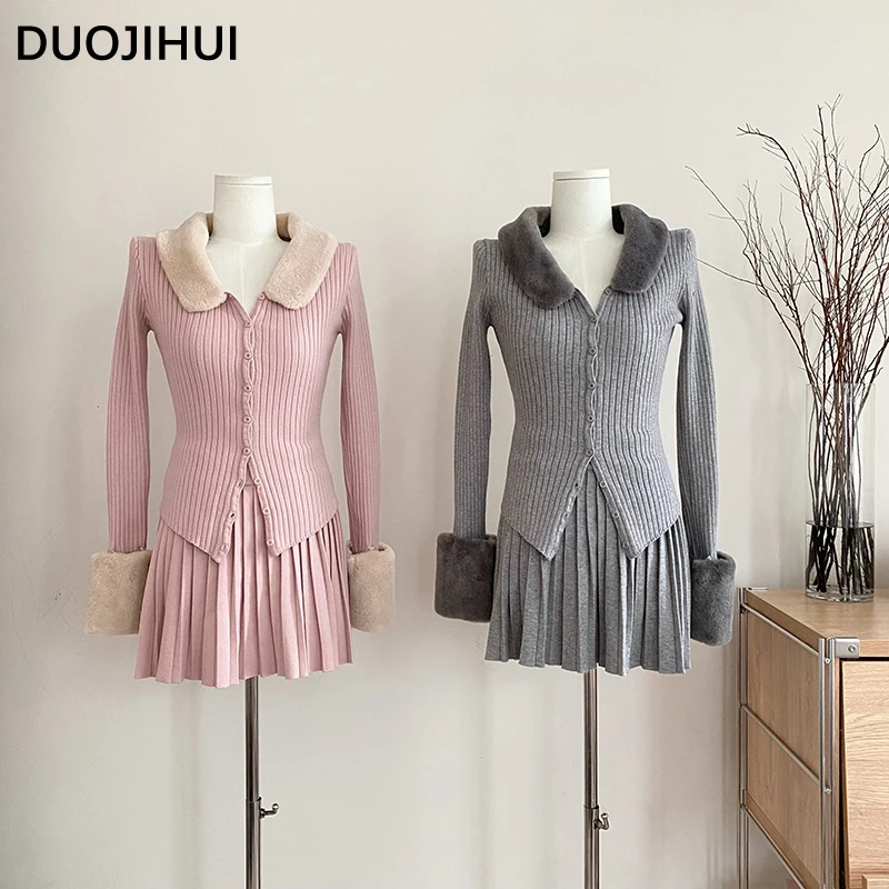 DUOJIHUI Autumn Two Piece Chicly Slim Waist Women Cardigan New Fashion Simple Skirt Basic Single Breasted Casual Female Cardigan