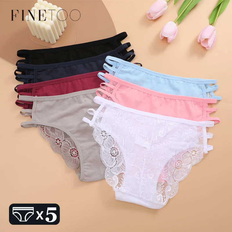 FINETOO 5PCS Women Lace Floral Underpants Sexy Triple Belts Panties Female Low-Waist Perspective Briefs Soft Lingerie Underwear