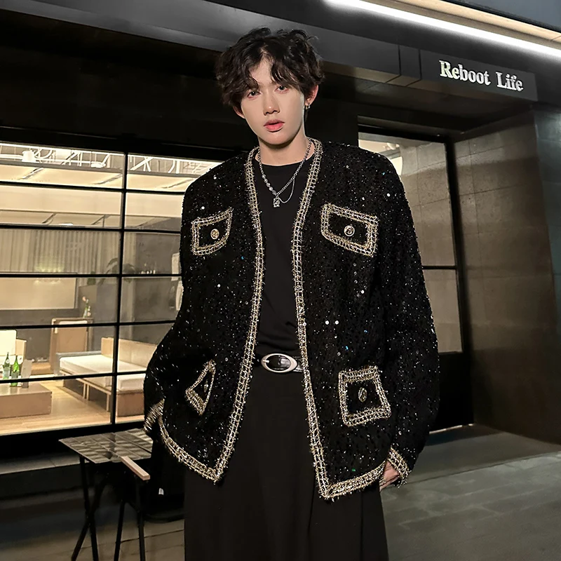 

Autumn Winter oulder Pad ort Men's Jaet a Fraance Sle Bright Sequin Thiened Woolen Street Sle Cool High-End F...