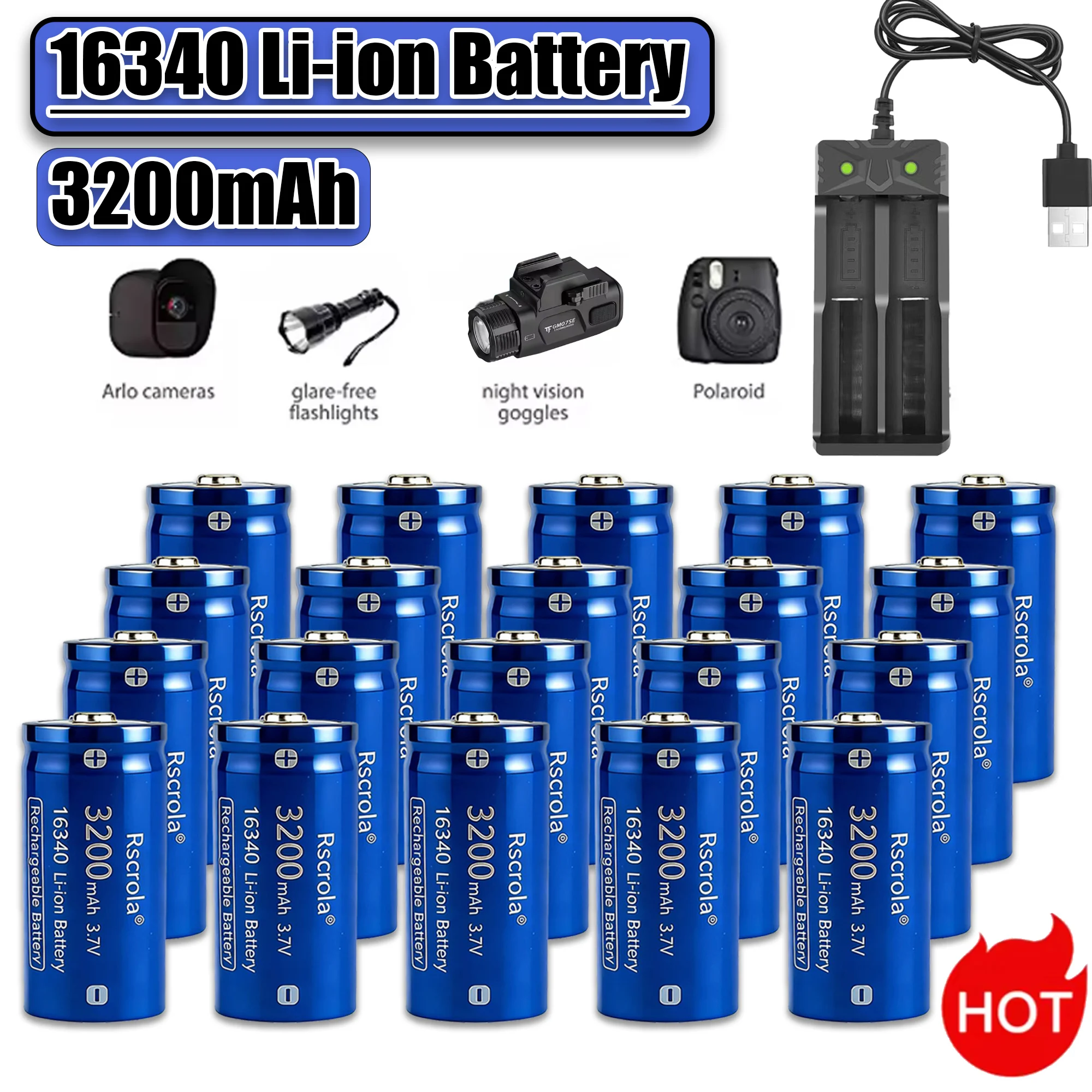 

For 16340 CR123A Battery 3.7V 3200mAh 16340 CR123A Li-ion Rechargeable Batteries and For LED Flashlight Laser pen