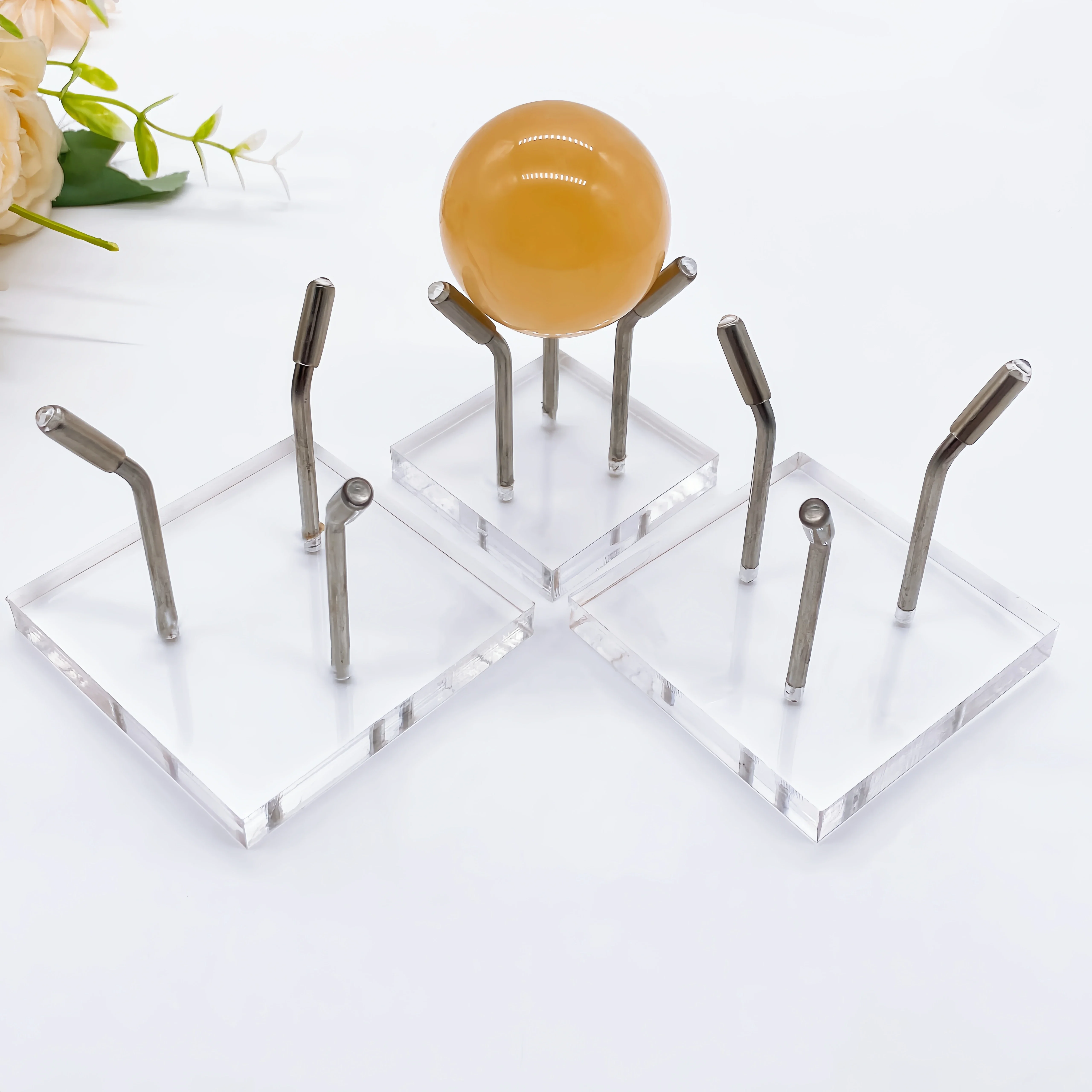 Metal Display Stand with Clear Acrylic Ball Base Crystal Stone Mineral Collectibles Sphere Holder Shelf for Shop Museum Basket