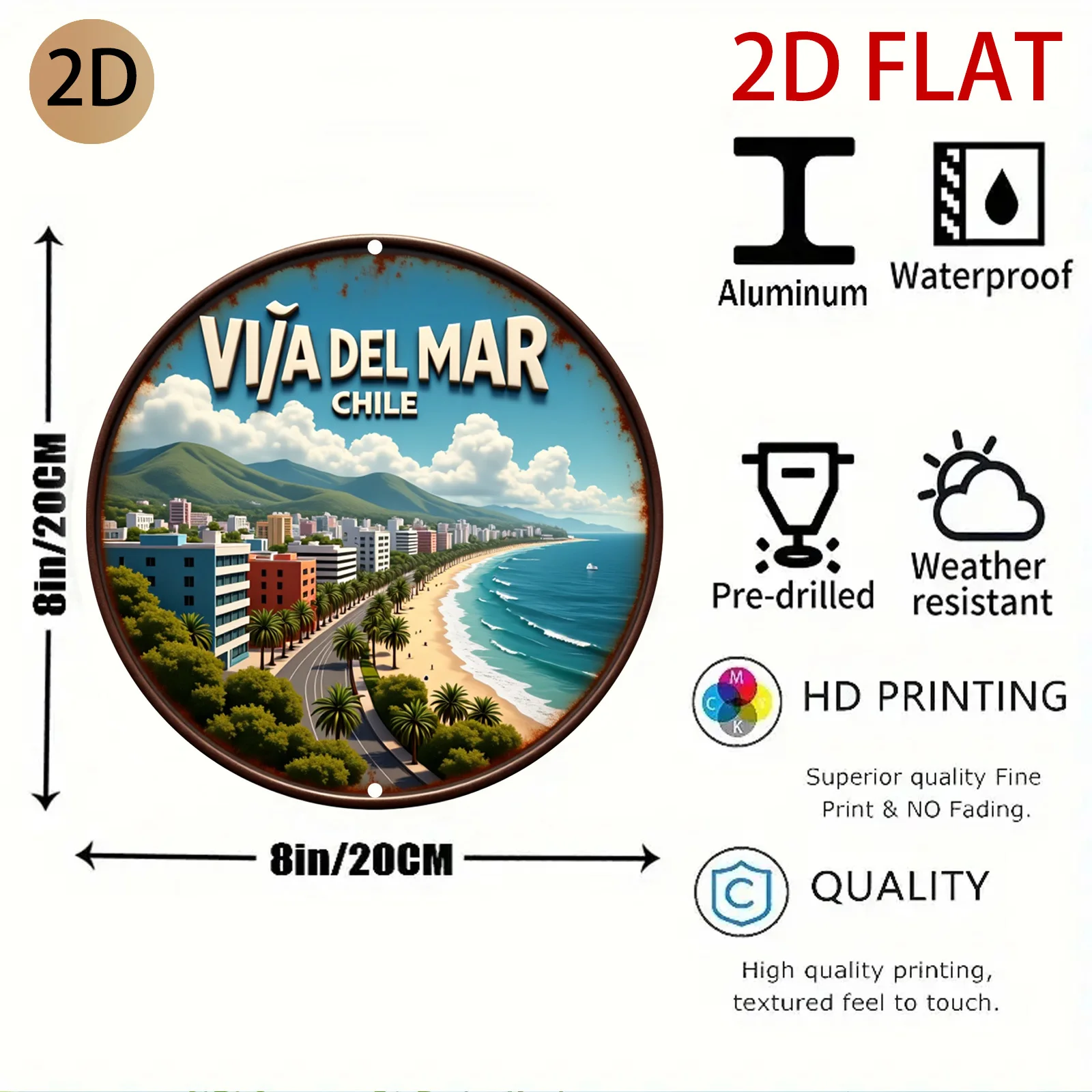 2D Flat, 2D Flat Circular Beach Cityscape Logo Retro Metal Design Viña Del Mar Chile Wall Art Vacation-Themed Decoration Suitabl