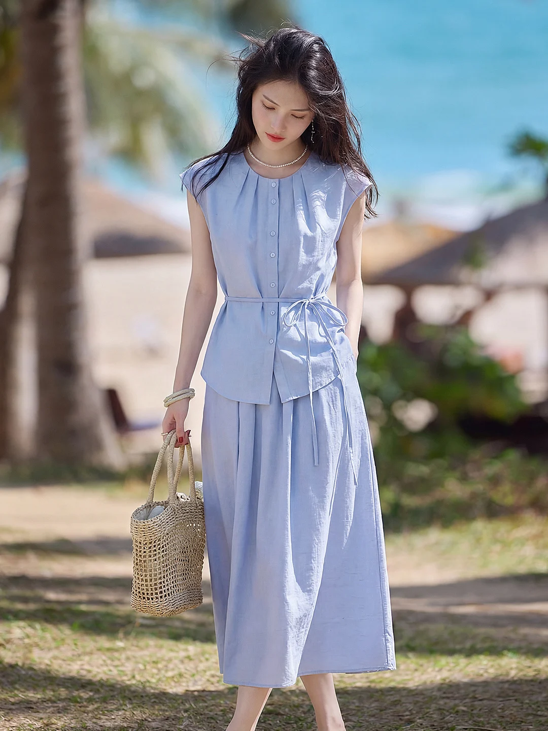 

Comfortable Linen Sleeveless Shirt Set Women's 2026 Summer New Style Lazy Half Skirt Two-Piece Set Casual Fashion Ensemble
