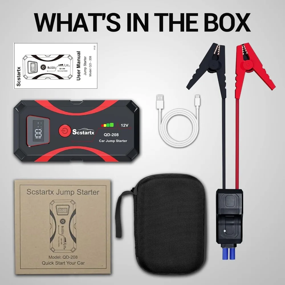 Arrancador de batería de coche 208, paquete de batería de energía portátil, caja de salto de pico de 2000A y 12V para motocicleta de hasta 7L de Gas y 4L diésel, 3 modos