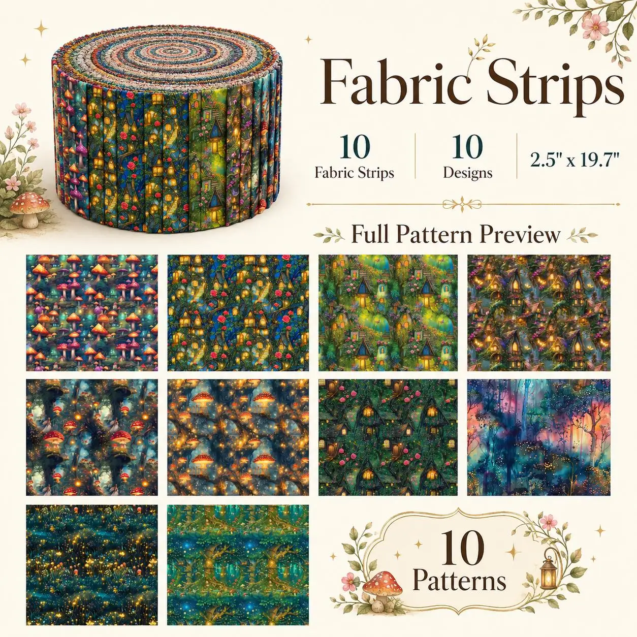 10pcs Mushroom Jelly Roll Fabric Strips 2.5X19.7inch Pre-cut 100% Polyester for Patchwork Quilts, Table Runners, Placemats