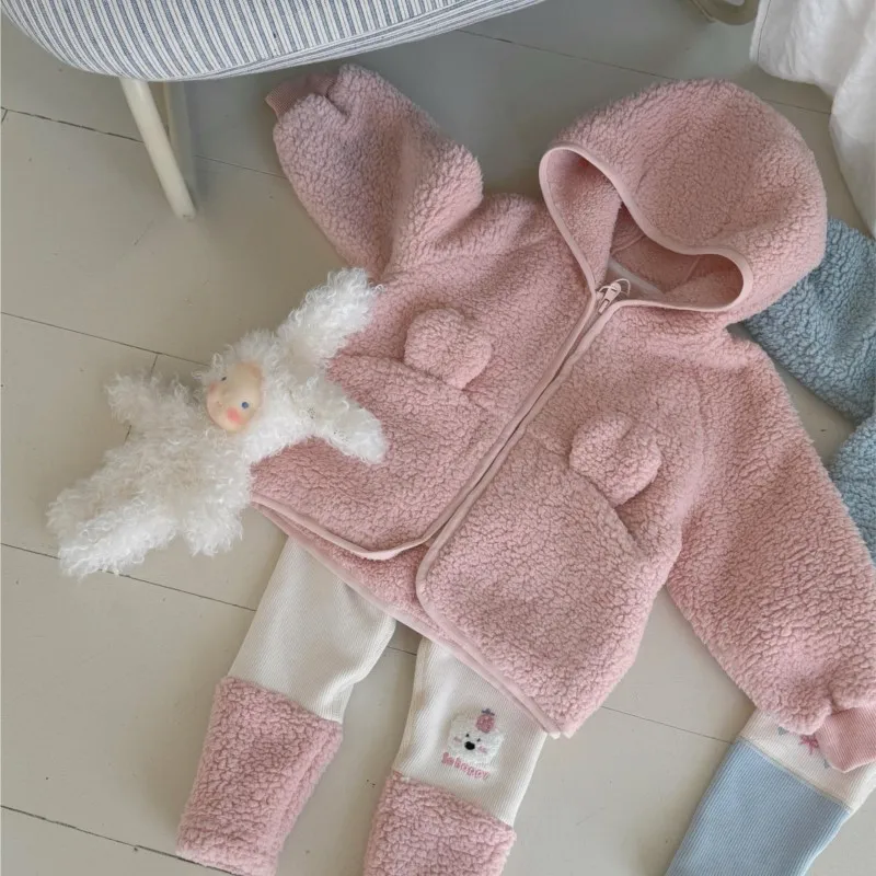 2024 Autumn Winter Korean Kids Girls 2PCS Clothes Set Solid Cartoon Hooded Hairy Warm Coat Patchwork Fleece Leggings Suit