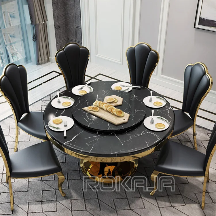 Blooming Flowers Design Round Marble Top Dining Table Set Gold Stainless Steel Dining Tables Fit 8 Chairs Set