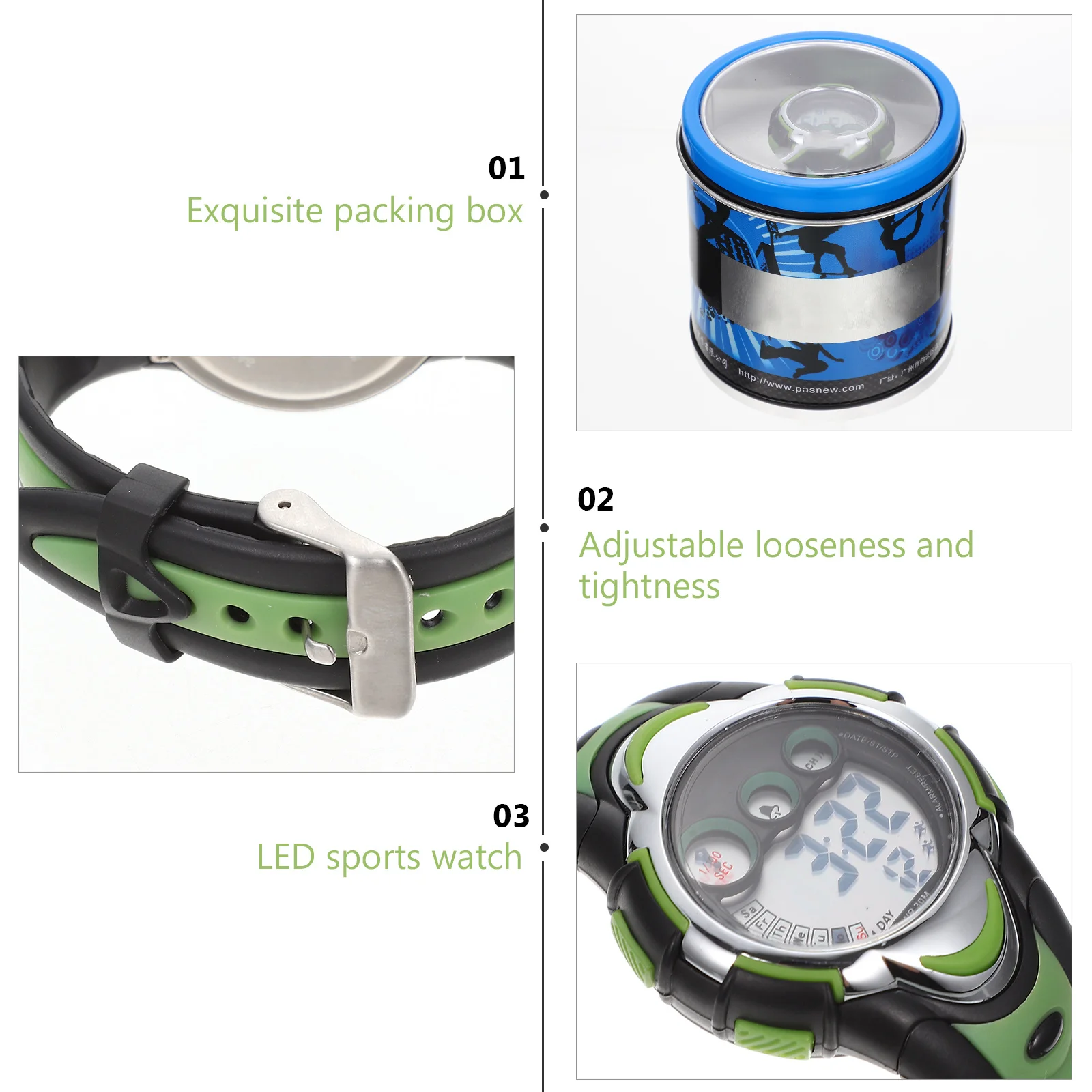 ساعة رياضية رقمية LED مقاومة للماء للأطفال باللون الأخضر Pse-276 منبه وساعة توقيت وعرض التاريخ وسوار مطاطي متين وساعة رقمية