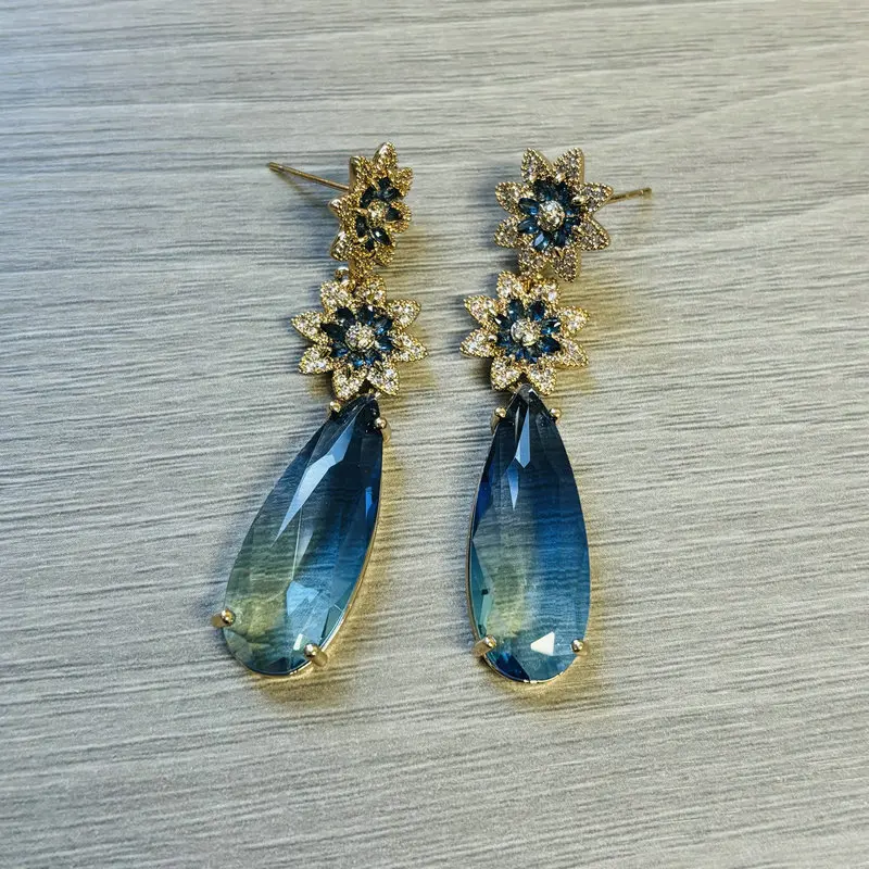 Bilincolor Fashion Flower Blue Cubic Zircon Long Big Drop Earring for Women Wedding Bridal Jewelry Gift