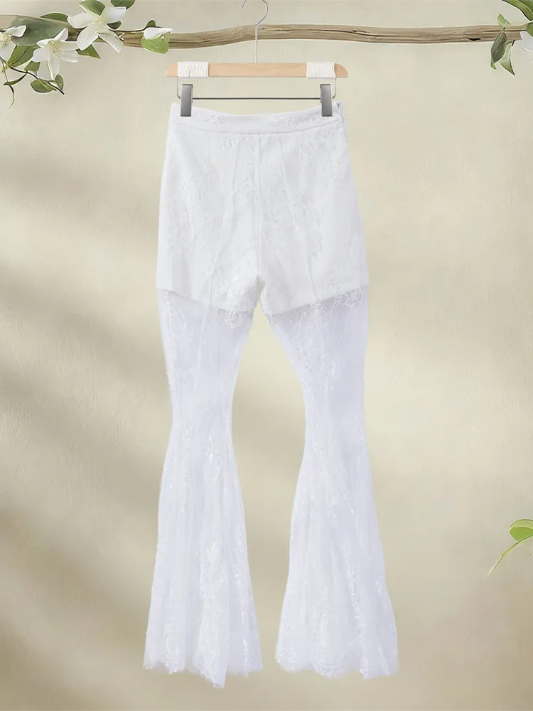 V-Ausschnitt Spitze Patchwork Meerjungfrauen-Mäntel Mesh-Hosenanzüge Damen Sexy Langarm Einreihige Schlanke Jacken Schlaghosen Neue Sets – Detail 6
