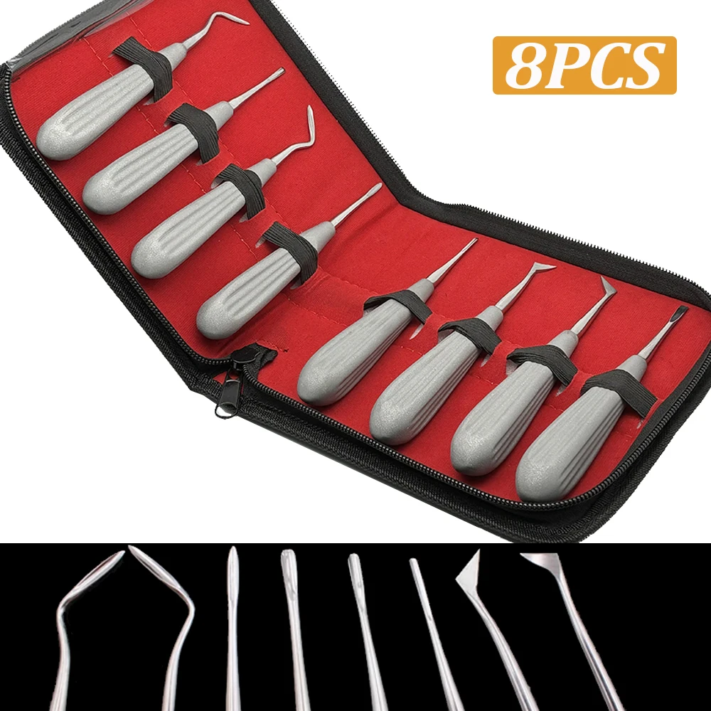 8Pcs Frosted Handle Dental Elevator Frosted Non-Slip Handle Dental Luxating Lift Elevator Kit Curved Root Tooth Extraction Tools