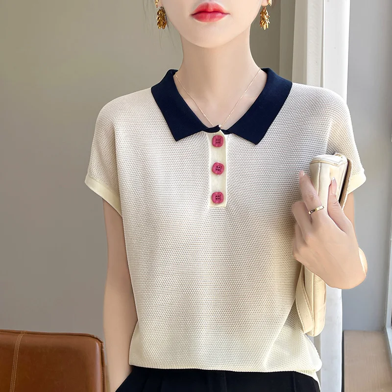 

2024 Summer Thin Short-sleeved Women's POLO Neck Knitwear Button Contrast Loose Half Sleeve T-shirt