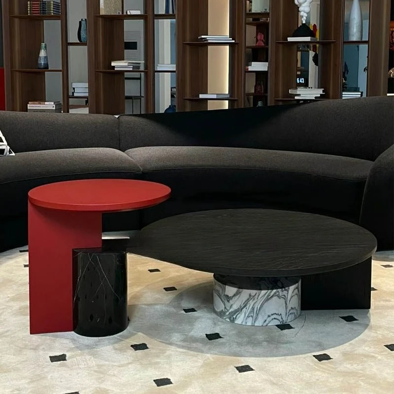 Vintage marble coffee table, classic contrasting color combination low table, artistic simplicity wabi-sabi style