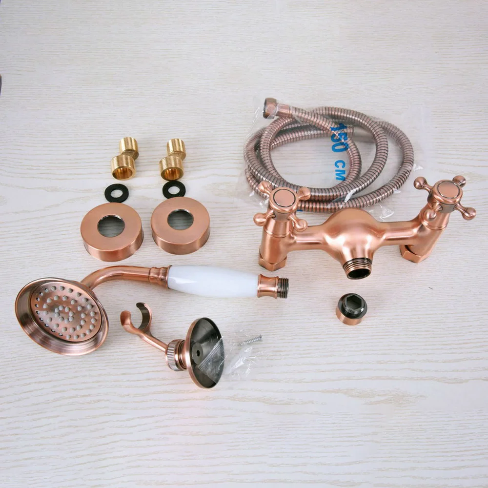 Antique Red Copper Brass Bathroom Hand Held Shower Faucet Set Bath Mixer Taps ana297
