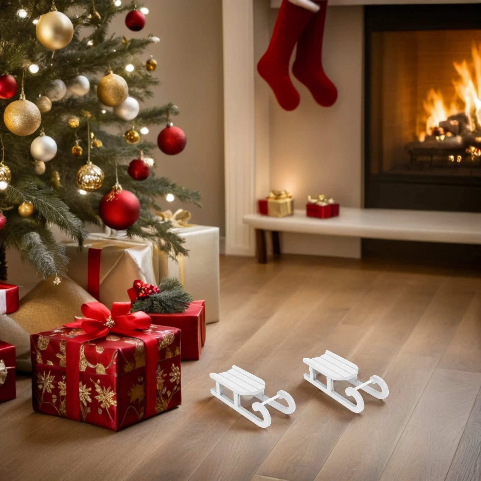 

3Pcs Premium Wood Christmas Sleigh Decorations Mini Holiday Sled Xmas Tabletop Desk Decor Mini Sleigh Small Sled Figurine