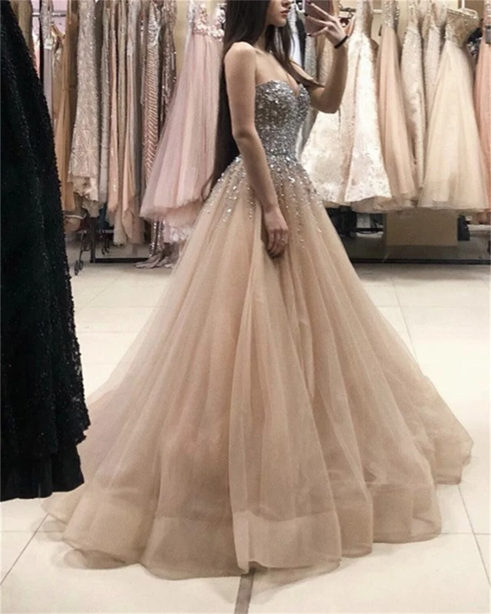 Luxury Sequin Beaded Sweetheart Tulle Prom Long Gown Women's Birthday Party Bar Mitzvah Dresses Formal Occasion Floor Length