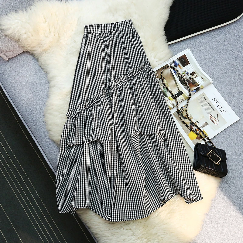

Ruffle Irregular Plaid Skirt Women Spring Summer Casual High Waist Splicing A-line Midi Long Skirt