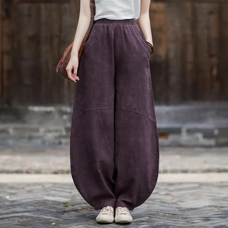 QICHE Women 2026 Autumn Gradient Dye Washed Ramie Harem Wide Leg Pants Vintage Loose Meditation Casual Long Trousers