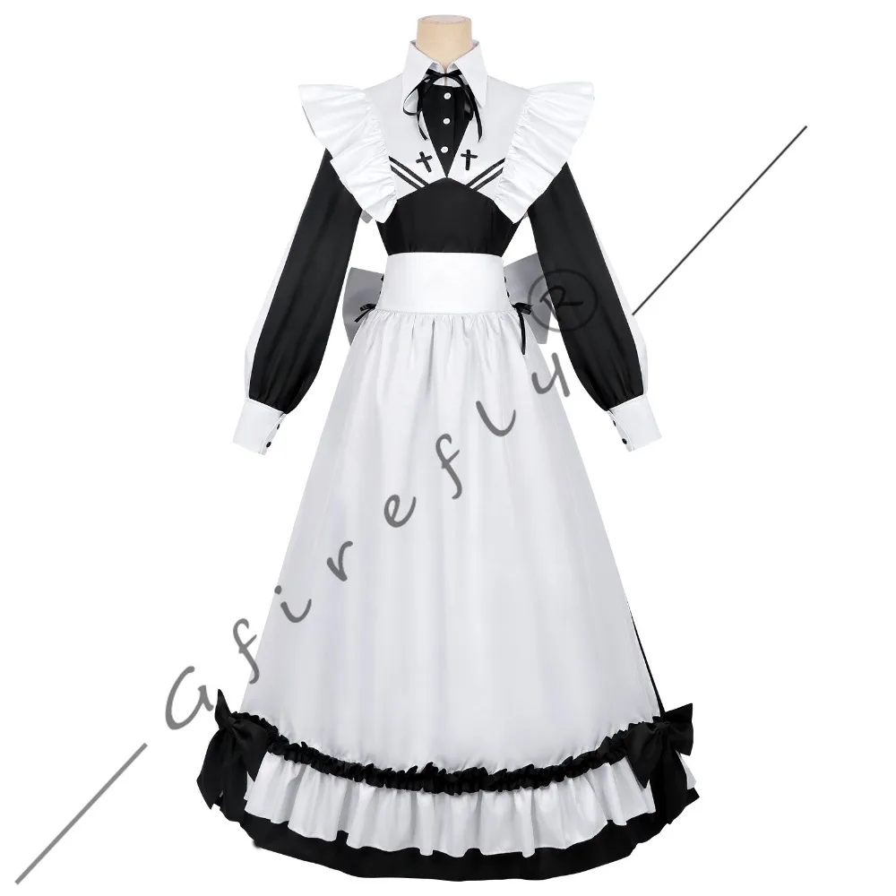 لعب ألعاب الموت لوضع الطعام على الطاولة Sorimachi Yuki أزياء تنكرية باللونين الأبيض والأسود ملحقات فستان الخادمة شعر مستعار للهالوين