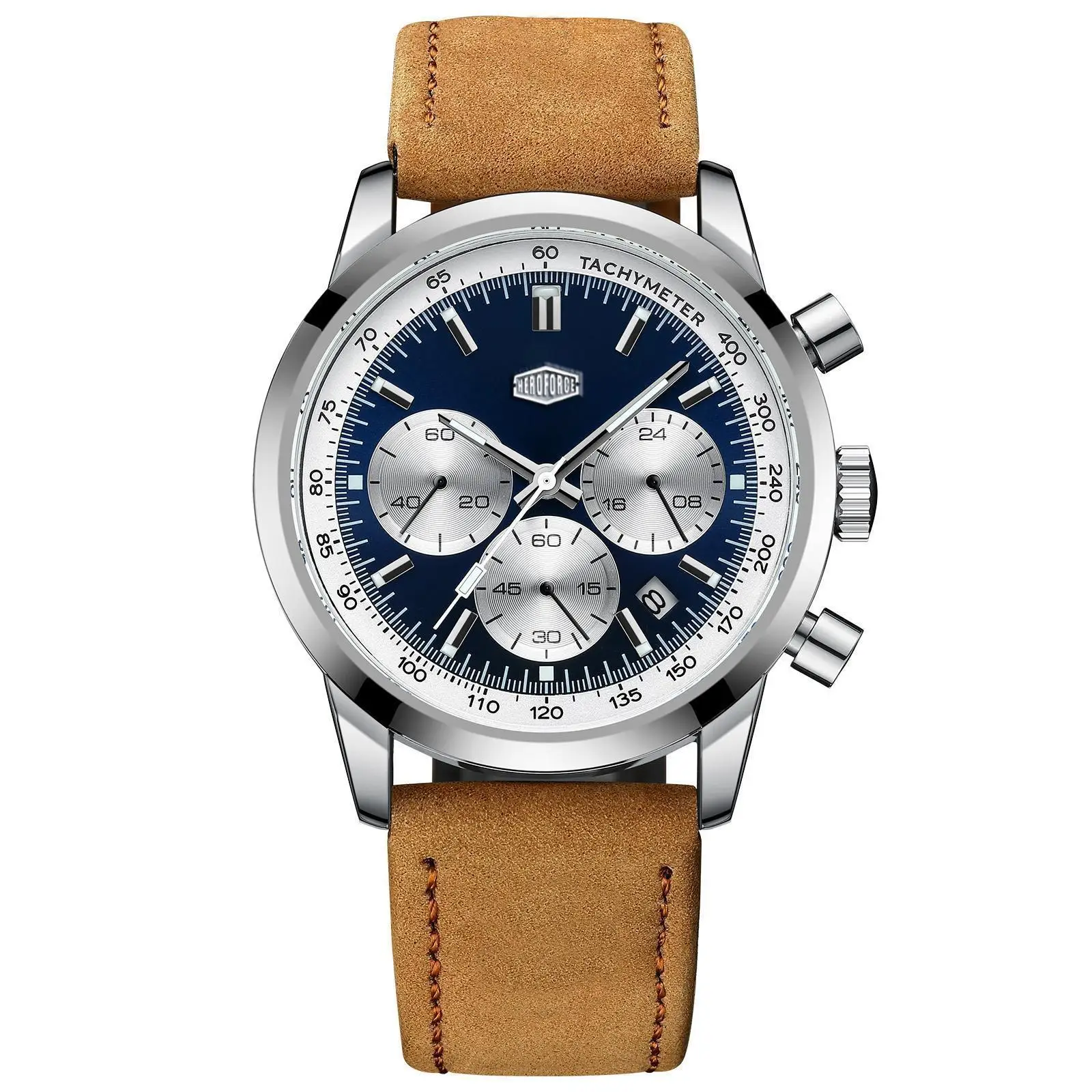 HEROFORCE Classic Silver Blue Chronograph Watch for Men, Comfort Brown Genuine Leather Band, Multi Chronograph Stopwatch Function, Luminous Dial & Calendar