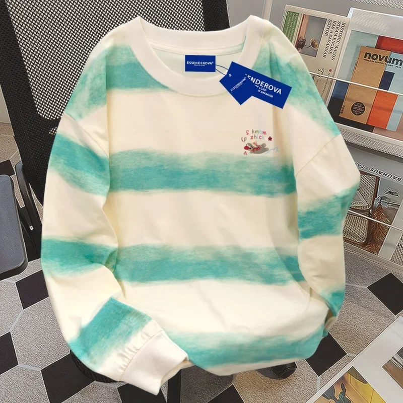 

Tie-dyed Horizontal Stripe Long-sleeved T-shirt for Women Spring and Autumn New Spliced loose Slimming Bottoming Top