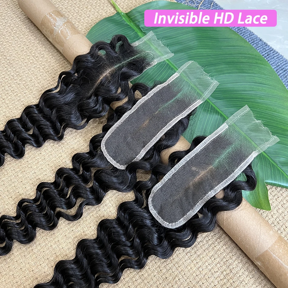 

Deep Wave 2x6 Invisible HD Lace Closure Human Hair Deep Parting Preplucked Bleached Knots Lace Natural Color Wavy For Women