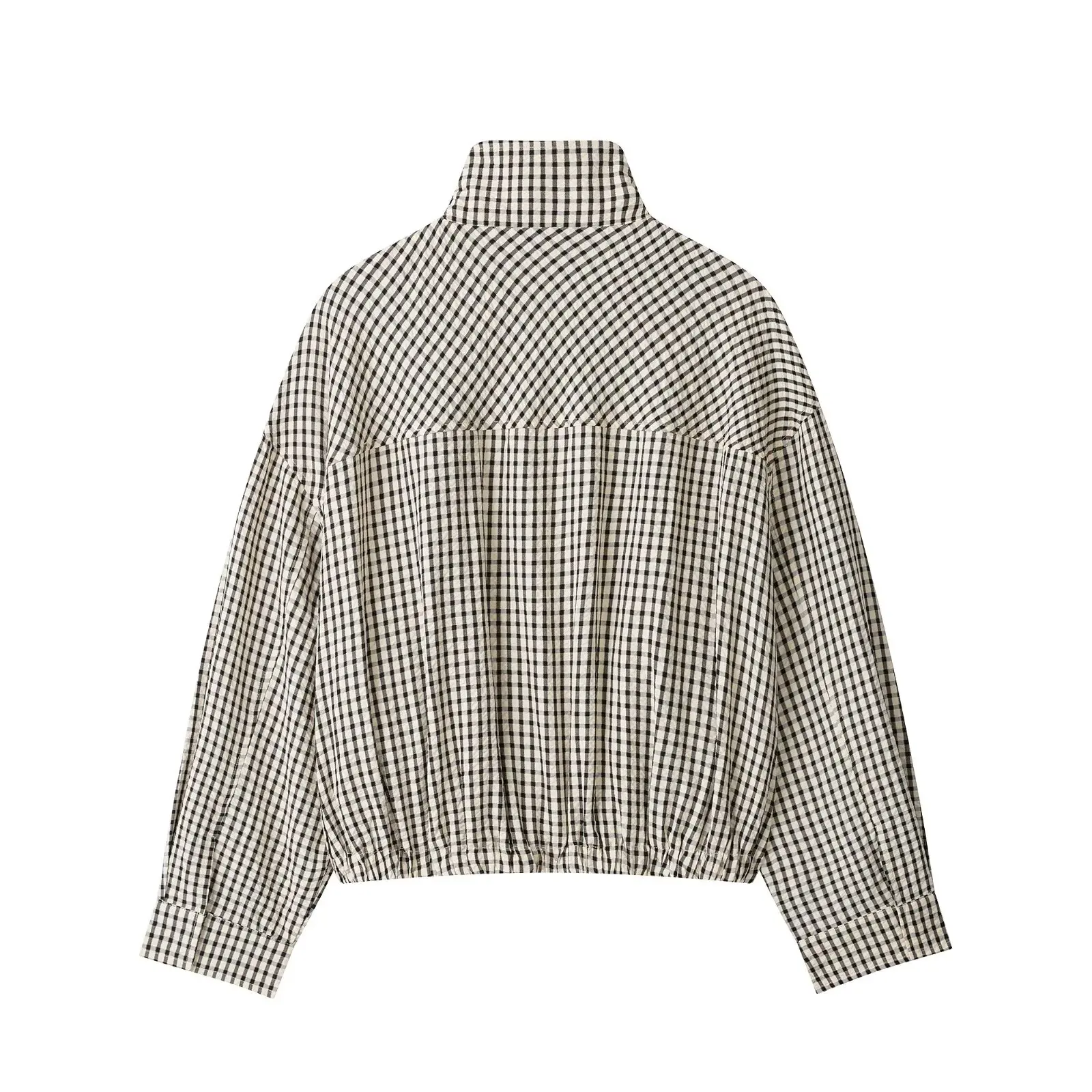 HH Damen Mode Karierter Mantel Hochkragen Langarm Reißverschluss Bomberjacke Frühling Herbst Vintage Casual Oberbekleidung Kurze Jacken – Detail 3