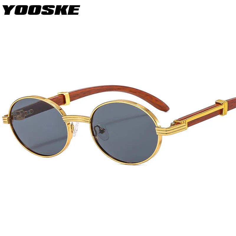 YOOSKE Imitation Wood Grain Sunglasses Women Men Vintage Oval Sun Glasses Ladies Luxury Brand Designer Gradient Black Eyewear