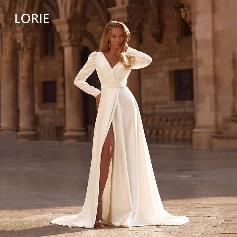 

LORIE Sexy A-line Satin Wedding Dresses Side Split V-Neck Bridal Gown Backless Tie Wedding Gowns Customized 2025