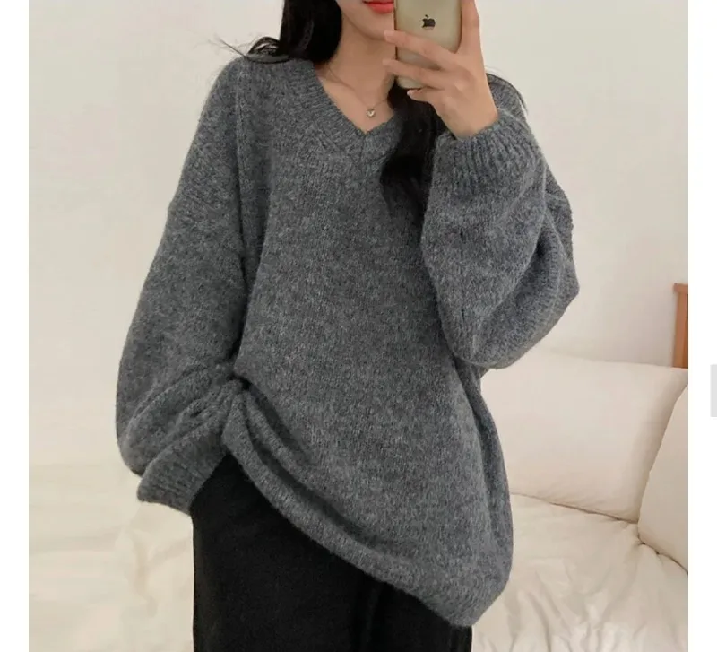 MiiiiX Korean Casual Loose Knitted Pullover Women's Sweater 2024 Autumn V-neck Batwing Sleeve Soft Knitted Top Female Clothes