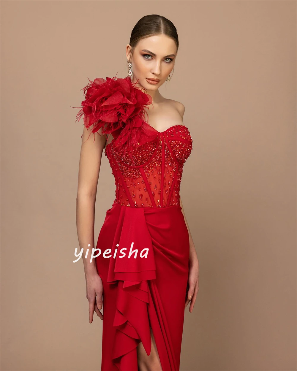 Jersey Sequined Flower Beading Feather Ruched Beach A-line One-shoulder Bespoke Occasion Gown Long Dresses