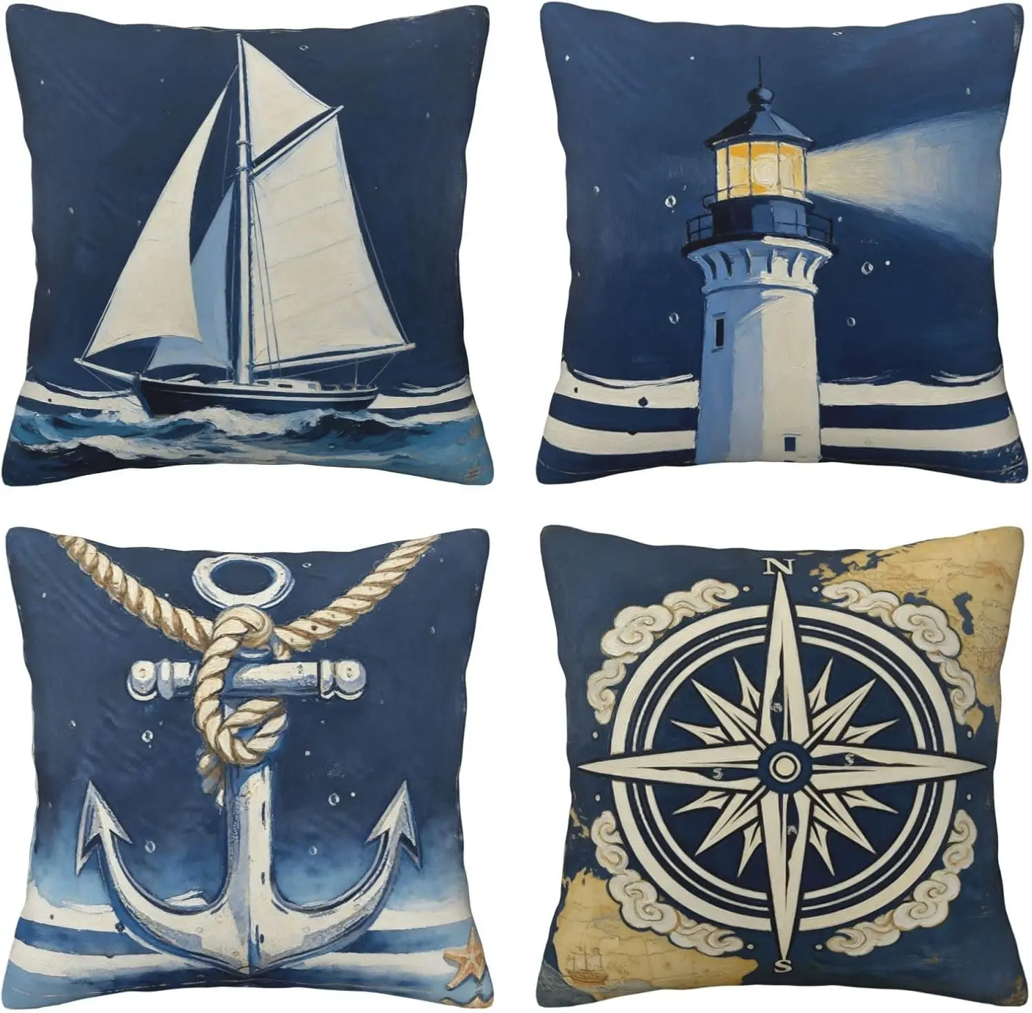 Whimsical Nautical Decor Throw Pillow Covers Set 4 Pack Marine Ocean Blue Sea Life Cushion Accent Polyester Home Gift