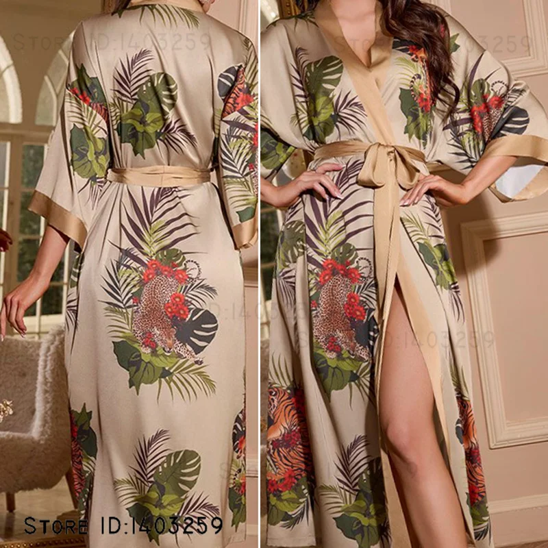

Spring Summe New Women Long Robe Sleepwear Print Flower Kimono Bathrobe Gown Home Clothes Loose Silk Satin Nightgown Loungewear