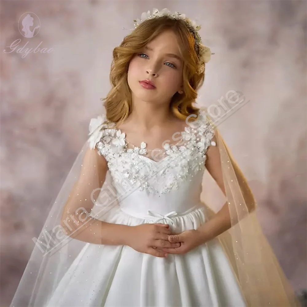 Kids White Flower Girl Dress With Fluffy Satin Beading Fabric Long Train For Wedding Beauty Contest Birthday Performance