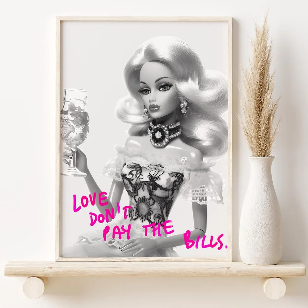 Funny Doll Wall Art Pink Rich Girl Canvas Painting Preppy Room Girly Poster Canvas Prints For Bar Cart Home Decor Unframed