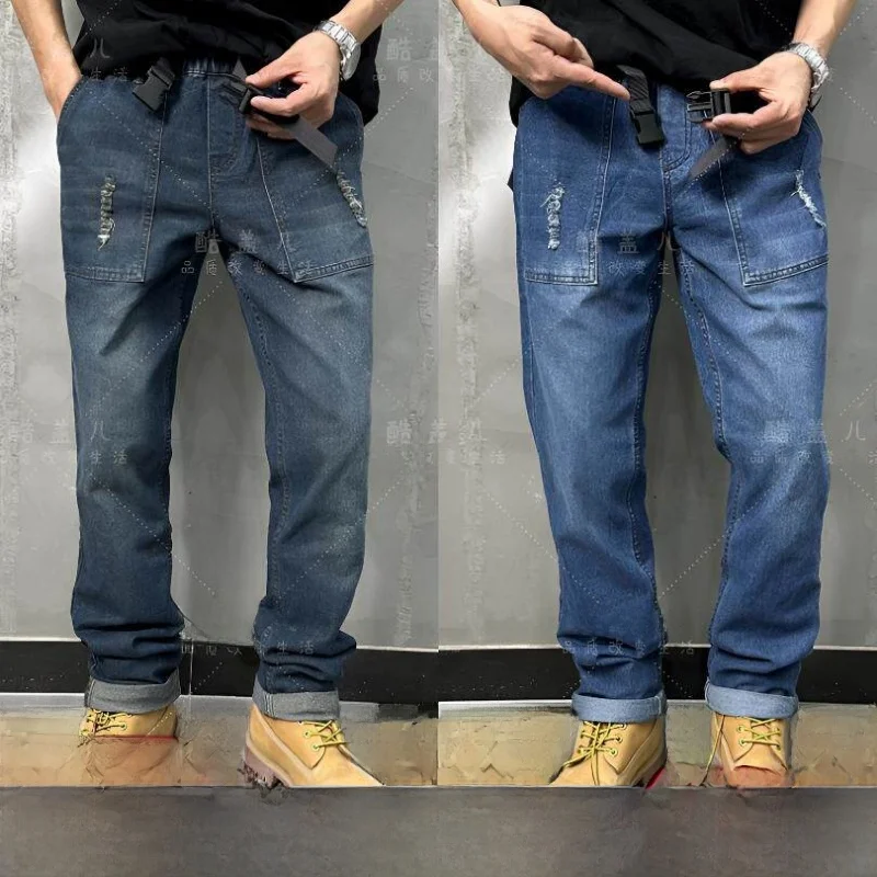 

High Waist Adjustable Buckle Elastic Casual Men's Jeans Premium Quality Versatile Autumn Winter Fashionable Denim Pants