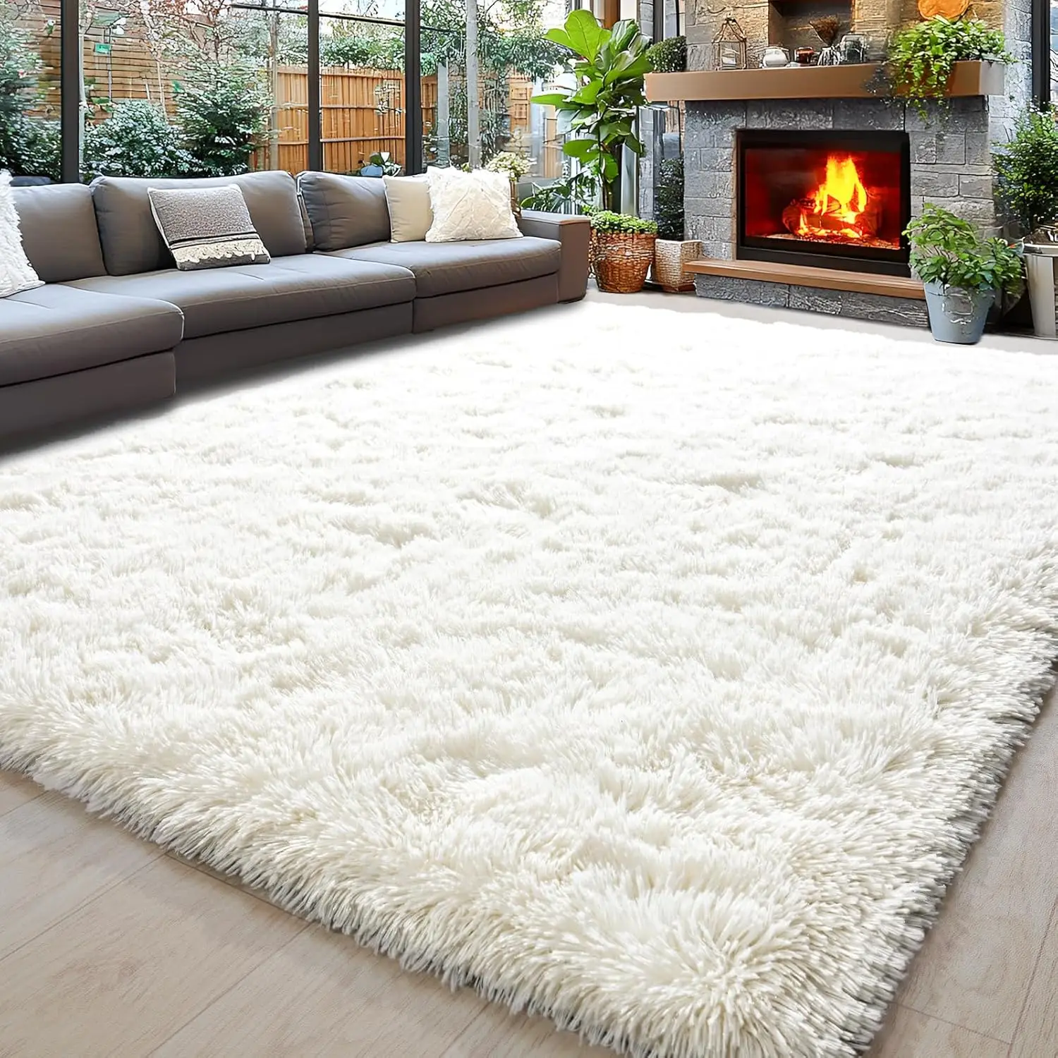 

Ultra Soft 8x10 Fluffy Shag Rug for Living Room, Non-Slip Plush Carpet for Bedroom and Kids Room in Cream White