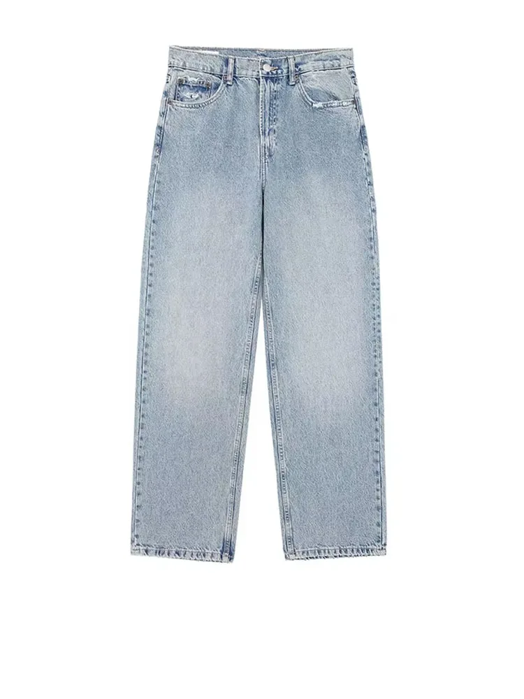 2024 moda donna casual pantaloni larghi a vita alta in denim blu jeans a gamba larga femminili pantaloni lunghi jeans strappati High Street