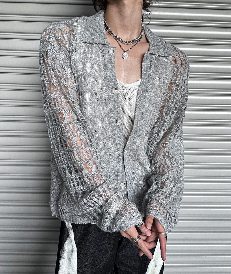 Men's Trendy Hollow Out Cardigan Sweaters Men's 2025 Autumn Winter New Versatile Knitted Tops Handsome Personality Knitwears