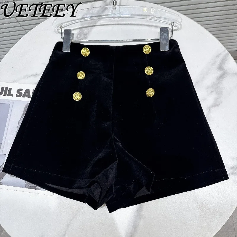 Short trois-quarts en tissu velours pour femme, pantalon court de luxe, Double rangée, boucle en métal, botte taille haute, nouvelle collection automne